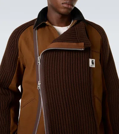 Sacai Men S Carhartt Wip Washed Duck X Wool Knit Blouson In Brown