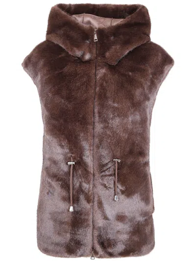 Betta Corradi "mink" Hooded Full Zip Sleeveless Jacket In Brown