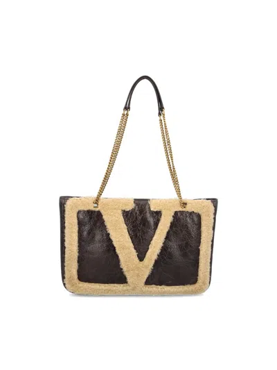Valentino Viva Superstar Small Shearling Shopping Shoulder Bag In Brown