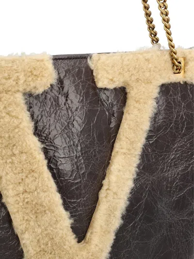Valentino Viva Superstar Small Shearling Shopping Shoulder Bag In Brown