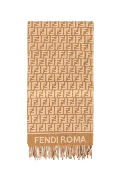 Fendi Camel Wool And Cashmere Ff Scarf In Brown