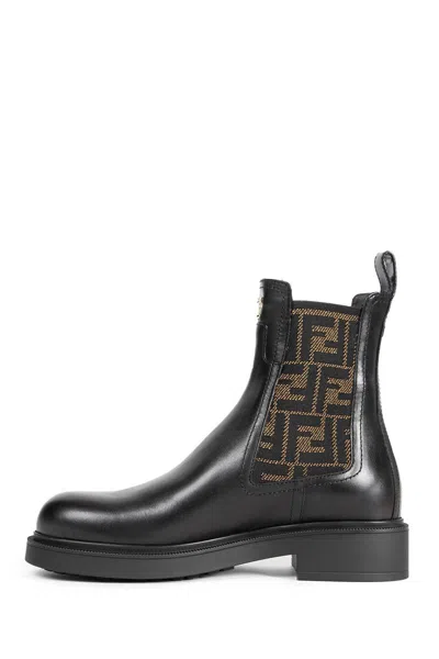 Fendi Women Black Ankle Boots With Elastic Side Detailing And Ff Motif In Leather Woman In Black