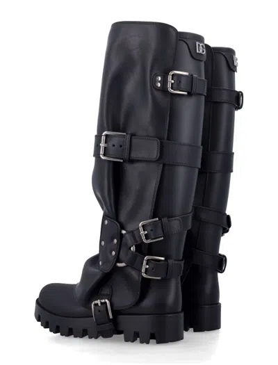 Dolce & Gabbana Black Ankle Boots With Adjustable Buckle Straps And Logo Plaque On The Back In Leather Woman In Black
