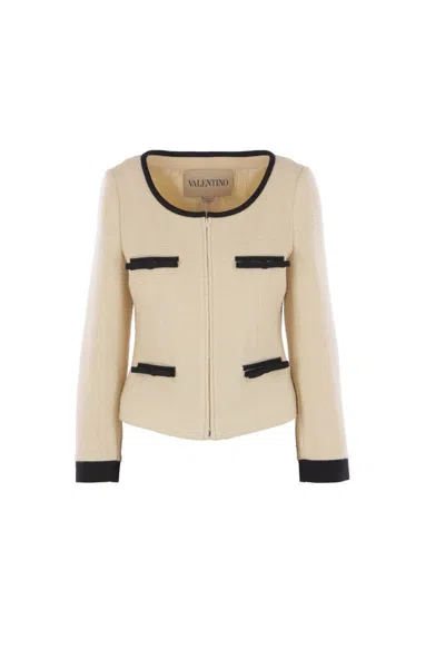 Valentino Bow Tweed Tailored Zip Jacket In Neutral