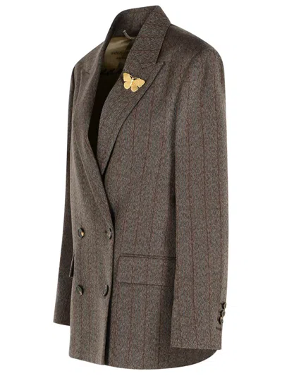 Golden Goose Double-breasted Pinstripe Dark Brown Wool Blazer In Multi