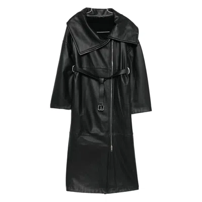 Sportmax Belted Leather Coat In Black