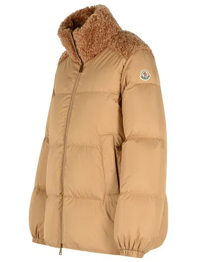 Moncler Short Down Jacket With Beige Polyester 'esnaie' Teddy Trim In Neutral