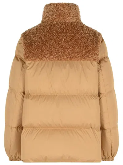 Moncler Short Down Jacket With Beige Polyester 'esnaie' Teddy Trim In Neutral