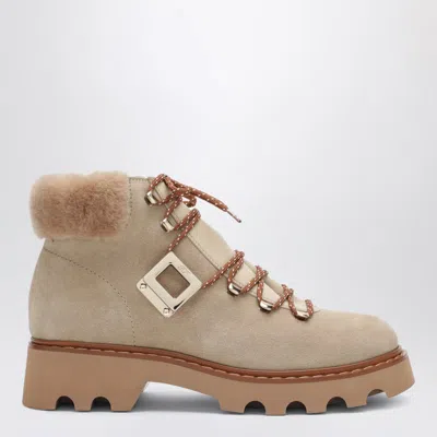 Roger Vivier Ranger Bootie With Buckle And Fur Trim In Neutral