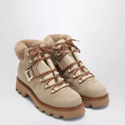 Roger Vivier Ranger Bootie With Buckle And Fur Trim In Neutral