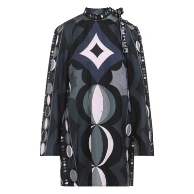 Pucci Geometric Pattern Long Sleeve High Neck Dress In Black