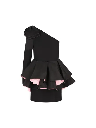Valentino One-shoulder Long-sleeve Ruffle Mini Dress In Black