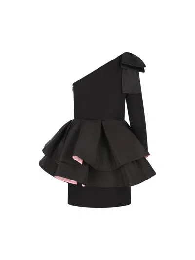 Valentino One-shoulder Long-sleeve Ruffle Mini Dress In Black