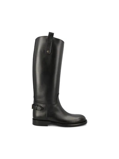 Burberry Women Black Boots With Side Logo Plaque In Leather Woman In Black