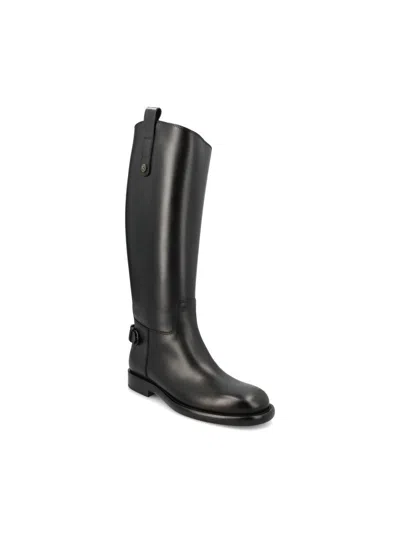 Burberry Women Black Boots With Side Logo Plaque In Leather Woman In Black