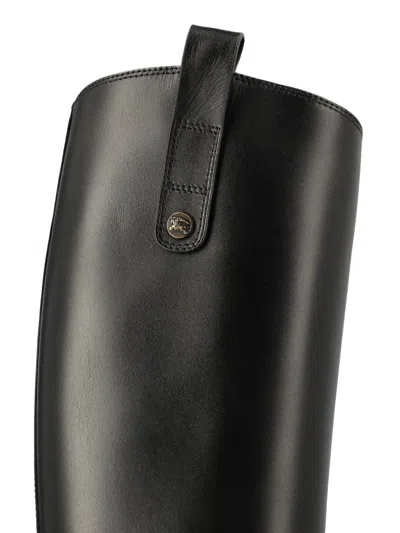 Burberry Women Black Boots With Side Logo Plaque In Leather Woman In Black