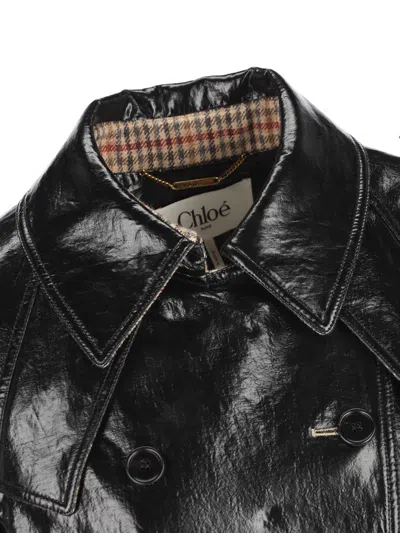 Chloé Chloe Houndstooth-trimmed Coated Linen Trench Coat In Black