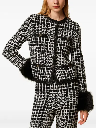 Twinset Checked Faux Fur-trim Jacket In Black