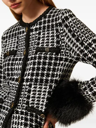 Twinset Checked Faux Fur-trim Jacket In Black
