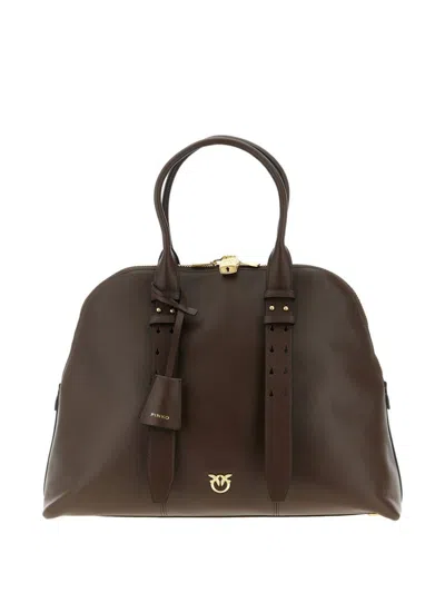 Pinko Escape Love Birds Logo Leather Bowling Maxi Tote Bag In Brown