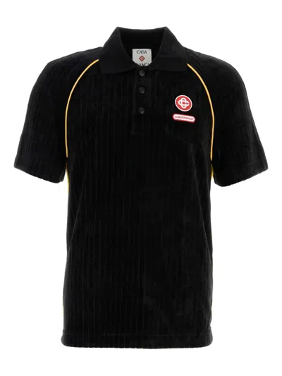 Casablanca Ribbed Collar Corduroy Polo Shirt With Short Sleeves In Black