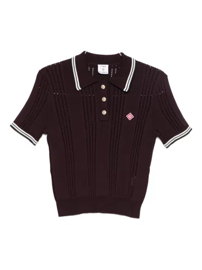 Casablanca Short-sleeved Knit Polo With Vertical Open-knit Stripes In Brown