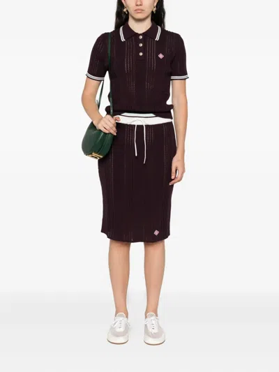Casablanca Short-sleeved Knit Polo With Vertical Open-knit Stripes In Brown