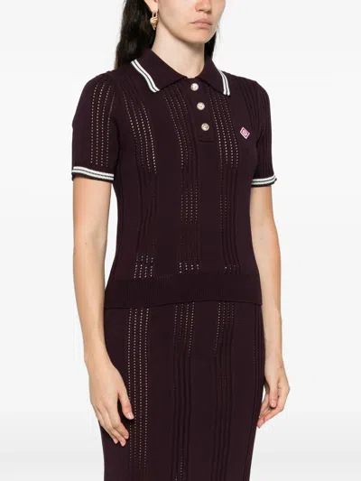 Casablanca Short-sleeved Knit Polo With Vertical Open-knit Stripes In Brown