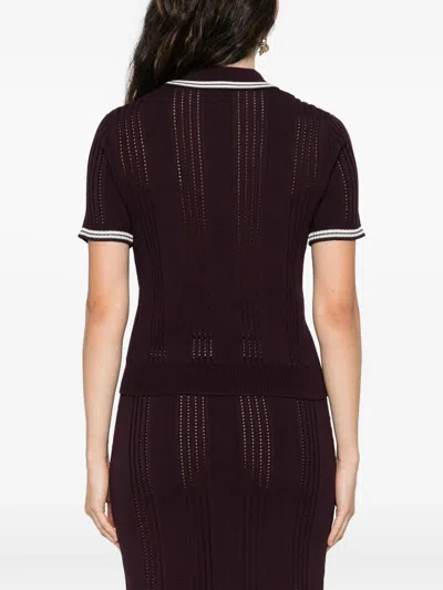 Casablanca Short-sleeved Knit Polo With Vertical Open-knit Stripes In Brown