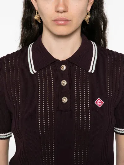 Casablanca Short-sleeved Knit Polo With Vertical Open-knit Stripes In Brown