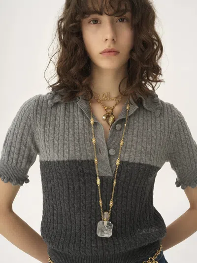 Chloé Two-tone Cable-knit Wool And Cashmere-blend Polo Shirt In Multi