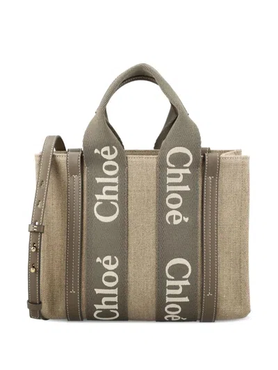 Chloé Woody Grey Canvas Bag In Nude