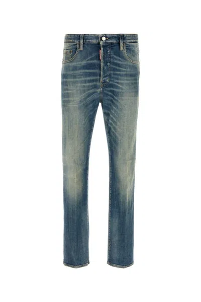 Dsquared2 Men Blue Jeans With Logo Patch On The Rear And Distressed Effect In Denim Man In Blue