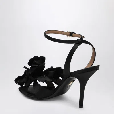Ferragamo Black Satin Flower Sandals In Black