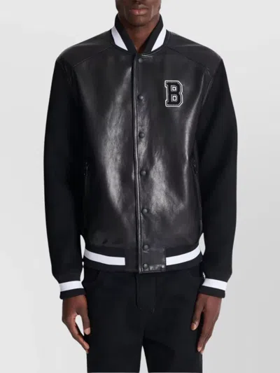 Balmain Varsity Bomber Jacket With Leather And Wool In Black