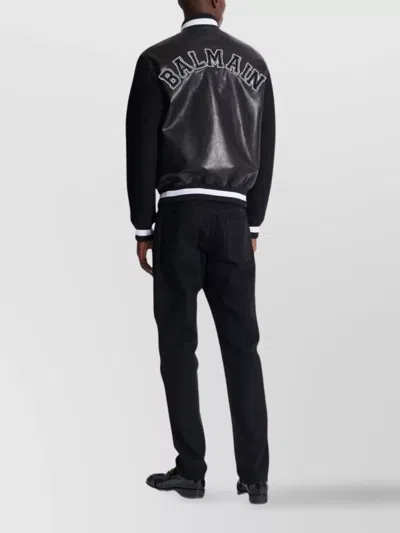 Balmain Varsity Bomber Jacket With Leather And Wool In Black