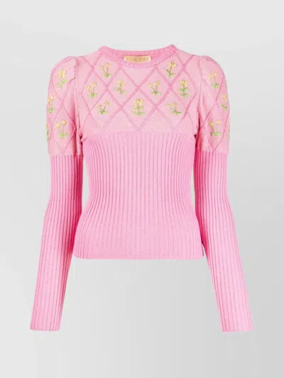 Cormio Crew-neck Wool Blend Sweater With Floral Embroideries In Yellow