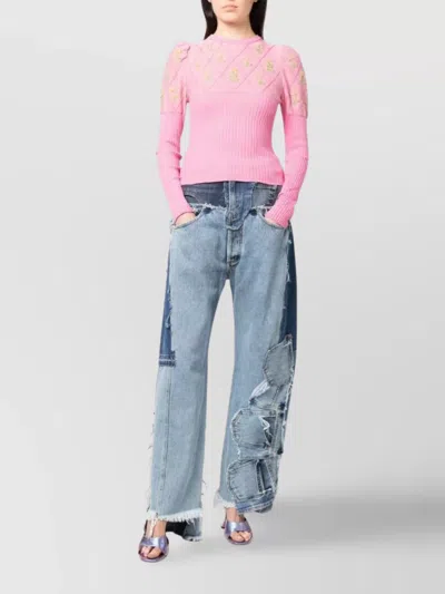 Cormio Crew-neck Wool Blend Sweater With Floral Embroideries In Yellow