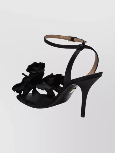 Ferragamo Black Satin Flower Sandals In Black