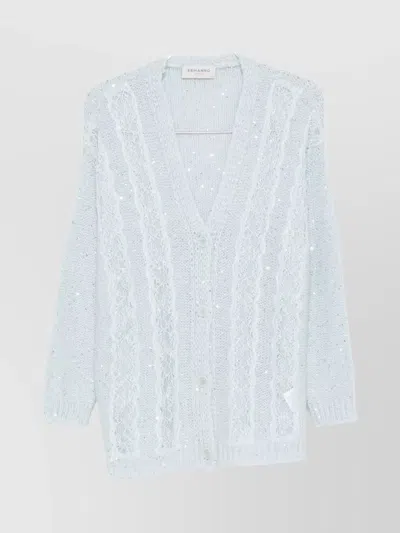 Ermanno Firenze Cable Knit Cardigan With Lace And Sequins In Blue
