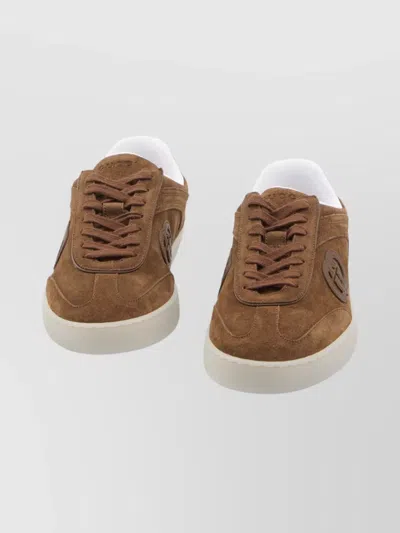Gucci Suede Sneakers With Rounded Toe And Rubber Sole In Brown
