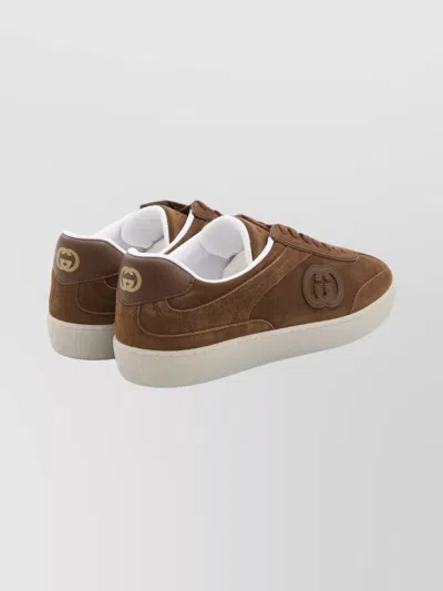 Gucci Suede Sneakers With Rounded Toe And Rubber Sole In Brown