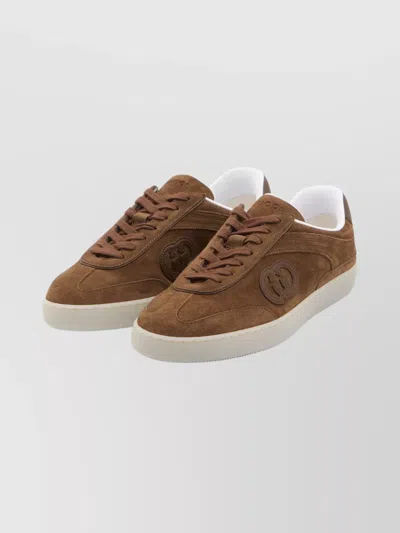 Gucci Suede Sneakers With Rounded Toe And Rubber Sole In Brown