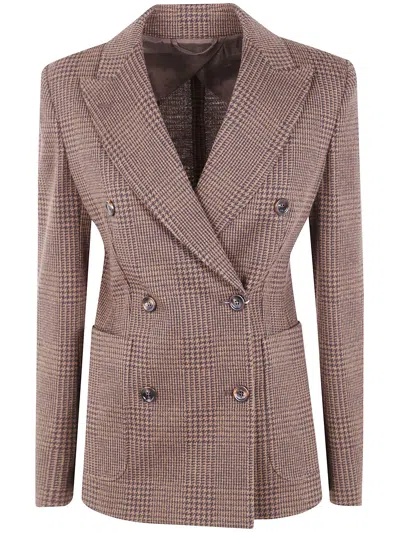 Max Mara Double Breasted Check Pattern Jersey Jacket In Brown