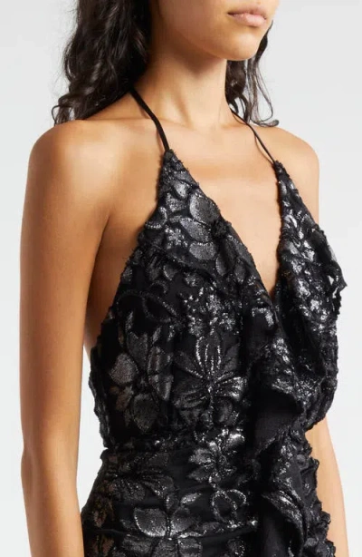 Ramy Brook Hackett Metallic Floral Halter Minidress In Grey Flower In Black