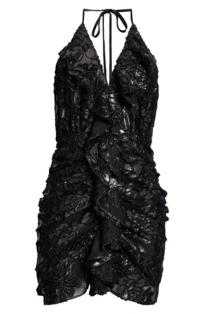 Ramy Brook Hackett Metallic Floral Halter Minidress In Grey Flower In Black