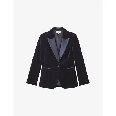 Reiss Womens Navy Verda Peak-lapel Single-breasted Velvet Blazer In Blue