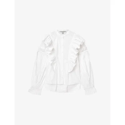 Allsaints Lulu Ruffle Ruched Cotton Button-up Shirt In White
