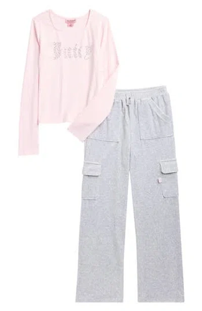 Juicy Couture Kids' Long Sleeve Logo Tee & Velour Cargo Pants In Pink