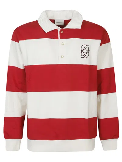Drôle De Monsieur Striped Long Sleeve Polo Shirt With Embroidery In Red
